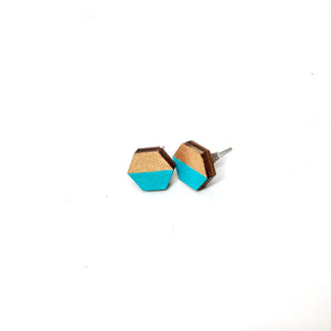 Hexagon Wood Earrings, Teal/Gold