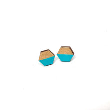 Load image into Gallery viewer, Hexagon Wood Earrings, Teal/Gold
