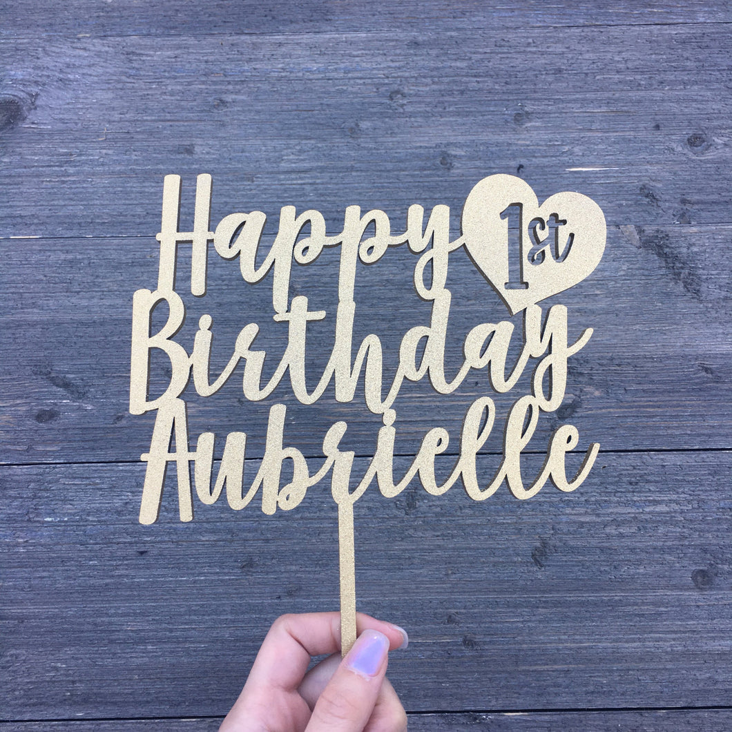 Personalized Happy 1st Birthday Name Cake Topper with Heart, 6