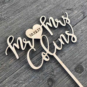 Personalized Mr Heart Mrs Name Cake Topper with Date, 6"W