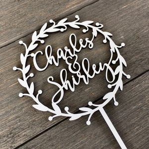 Personalized Circle Holly Wreath Name Cake Topper, 5.5"D