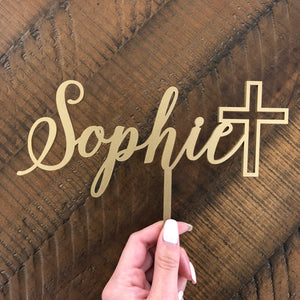 Personalized Name with Cross Cake Topper, 6"W