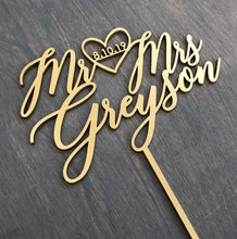 Load image into Gallery viewer, Personalized Mr Heart Mrs Name with Date Cake Topper, 6&quot;W (Version 2)
