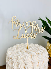 Load image into Gallery viewer, Mr Heart Mrs Last Name Cake Topper, 6&quot;W
