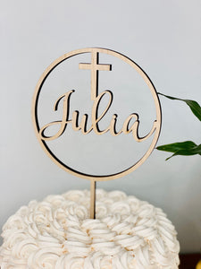 Name with Cross Circle Cake Topper, 5"D