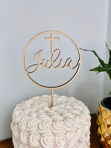 Name with Cross Circle Cake Topper, 5"D