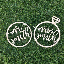 Load image into Gallery viewer, Personalized Mr &amp; Mrs Ring Chair Signs, 10&quot;D
